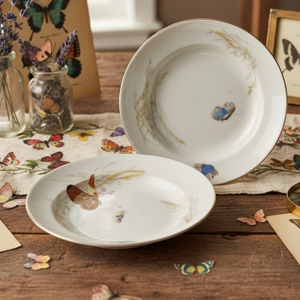 Haviland Limoges‎ Meadow Visitors Berry Bowls, Set of 2, Vtg Butterfly Porcelain